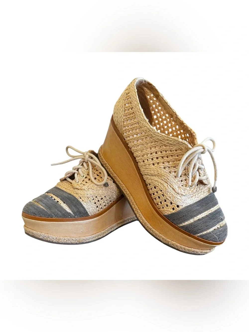 SCHUTZ size 6.5 RARE raffia metal platform lace up espadrilles Oxford shoes